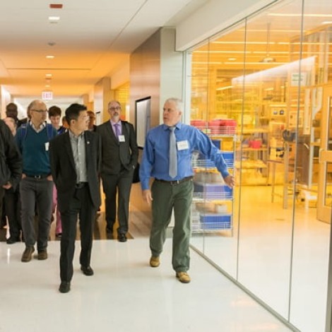 Group walking through hall