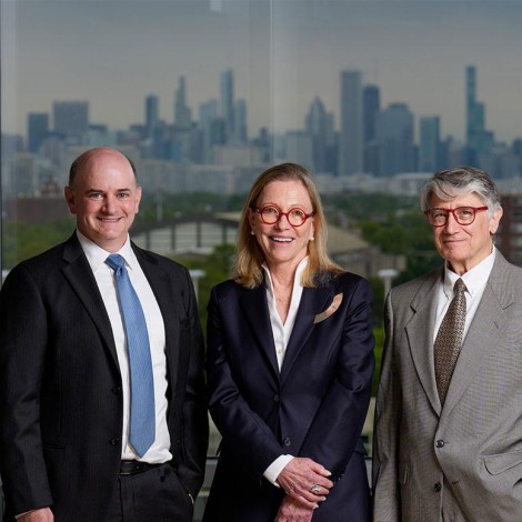 Portrait of philanthropist Thea Berggren, UChicago Prof. Greg Engel and UChicago Prof. Julian Solway